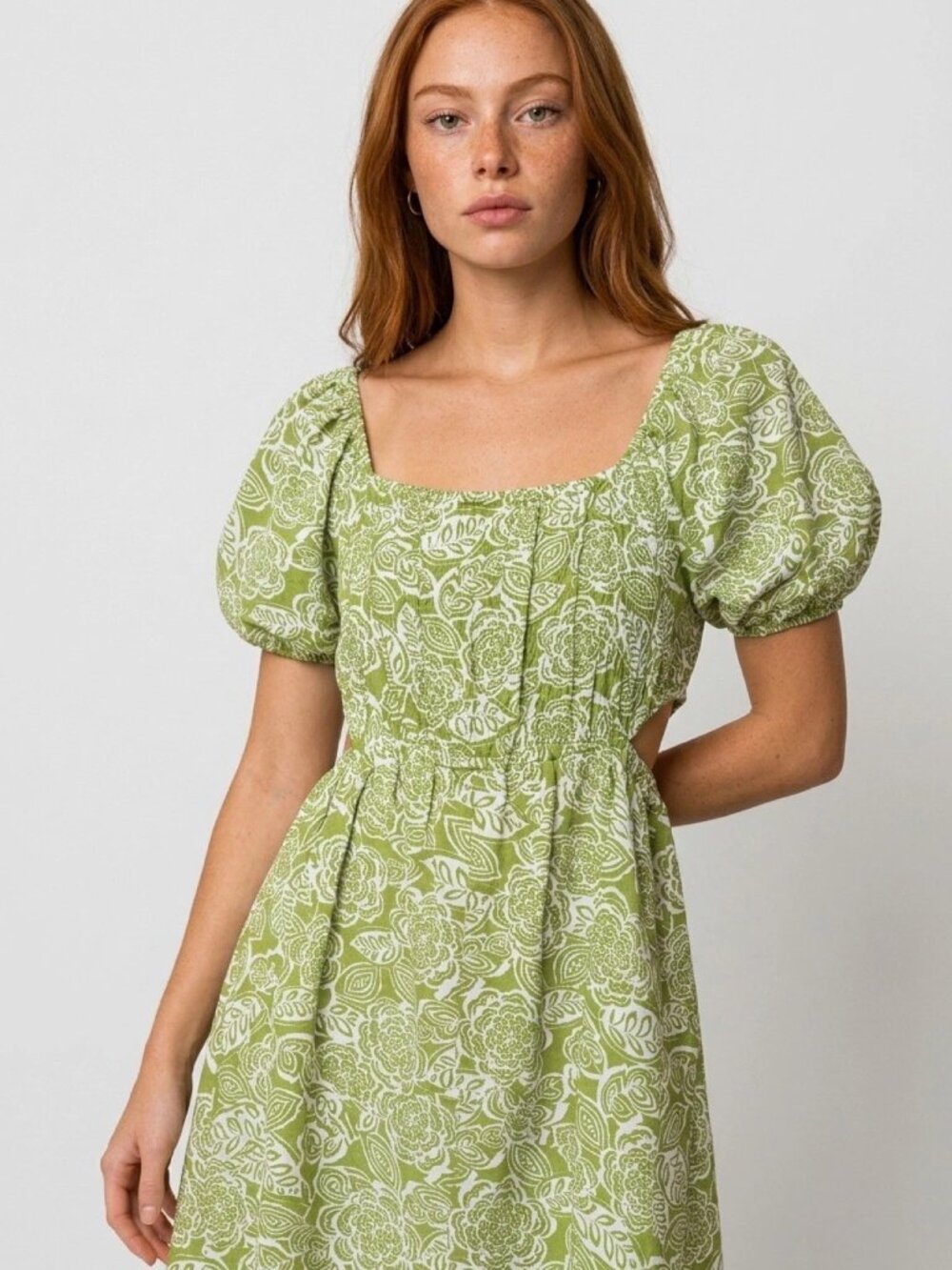 SINCERELY JULES Green/White Floral Puff Sleeve Square Neckline Mini Dress Sz XS